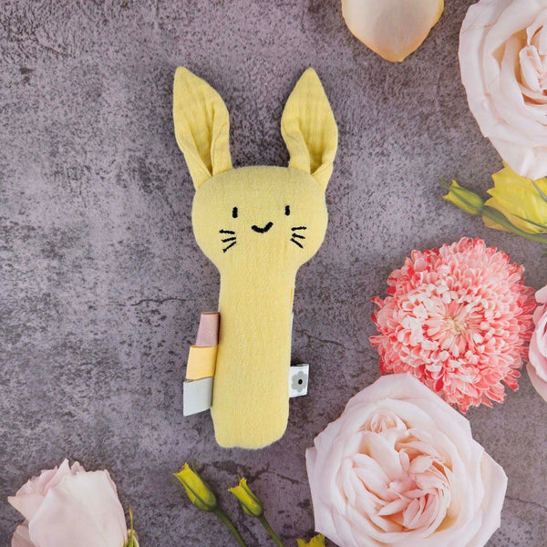 Summerville Organics yellow muslin rabbit baby rattle 2
