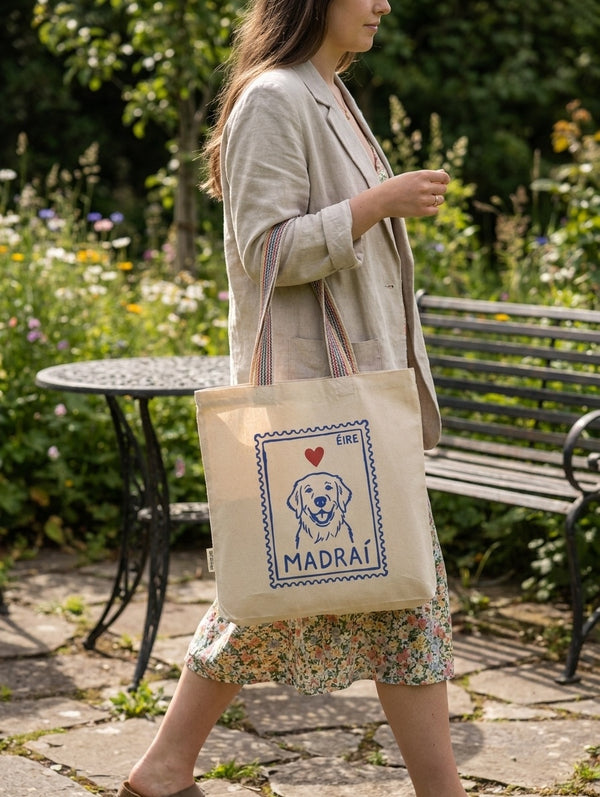 ❤️ Madraí Tote Bag - Irish language recycled cotton tote bag with rainbow handles