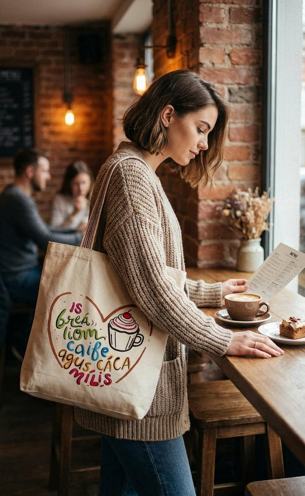 Is Breá Liom Caife agus Cáca Milis Tote Bag - lifestyle with model