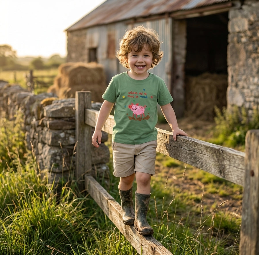 Styled editorial photo of green kids t-shirt with pig-mud illustration