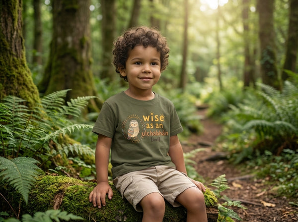 Child wearing olive t-shirt with owl design, portrait