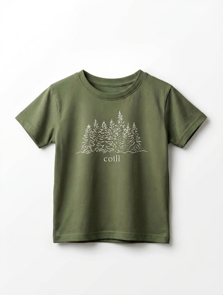 green kids t-shirt with trees illustration on white background