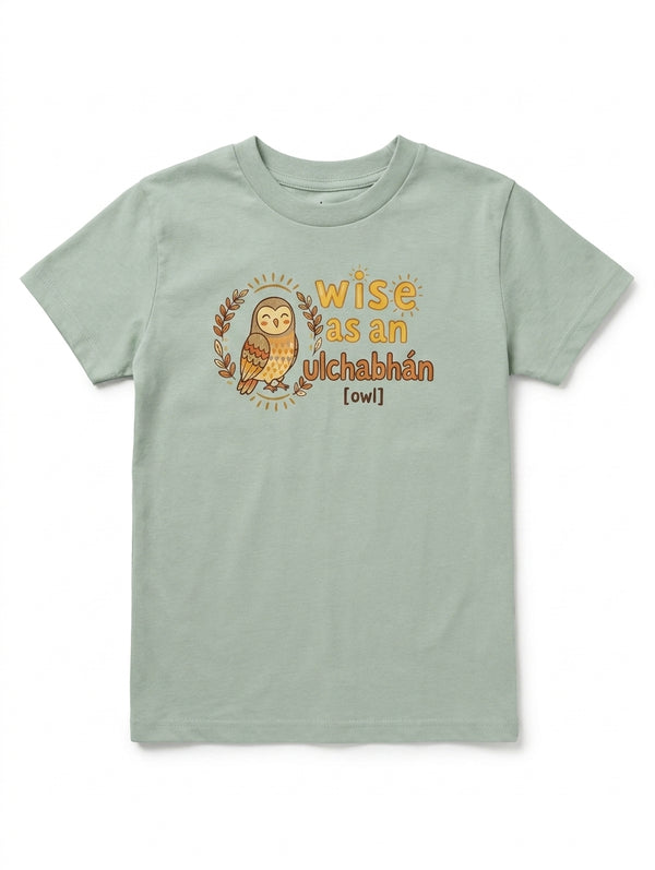 seafoam kids t-shirt with owl illustration on white background