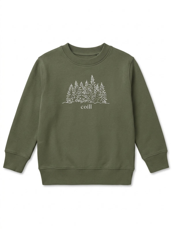 olive kids sweatshirt with trees illustration on white background