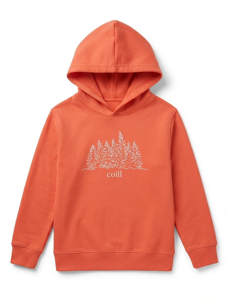 orange kids hoodie with trees illustration on white background