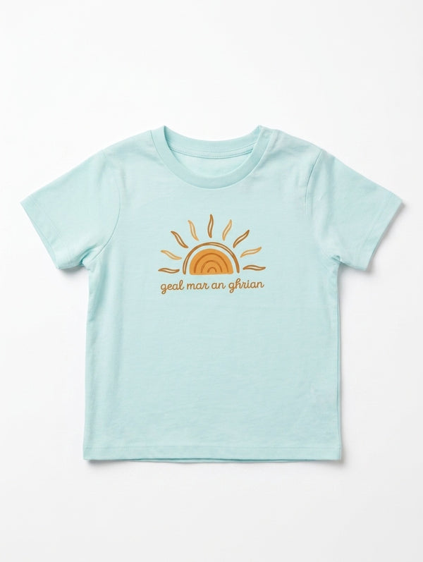 blue kids t-shirt with sun illustration on white background