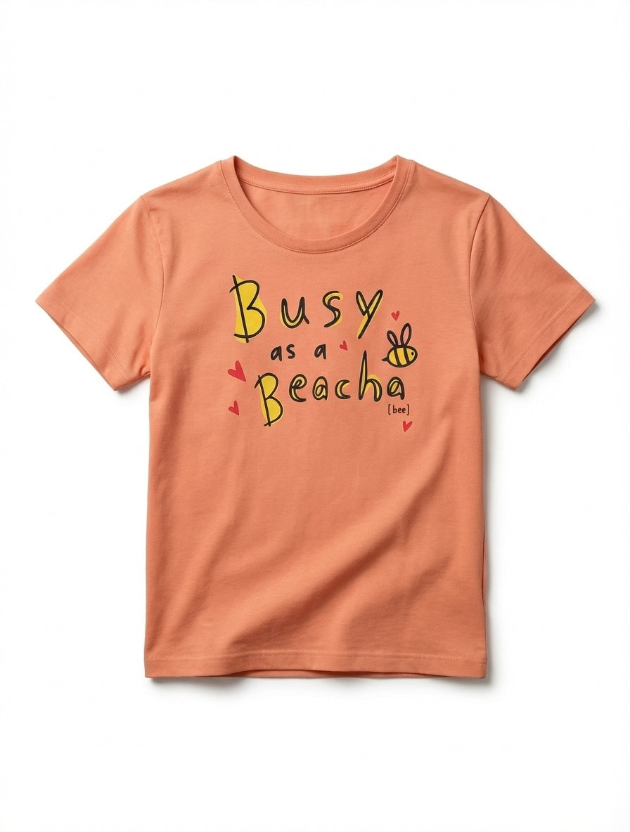 peach kids t-shirt with bee illustration on white background