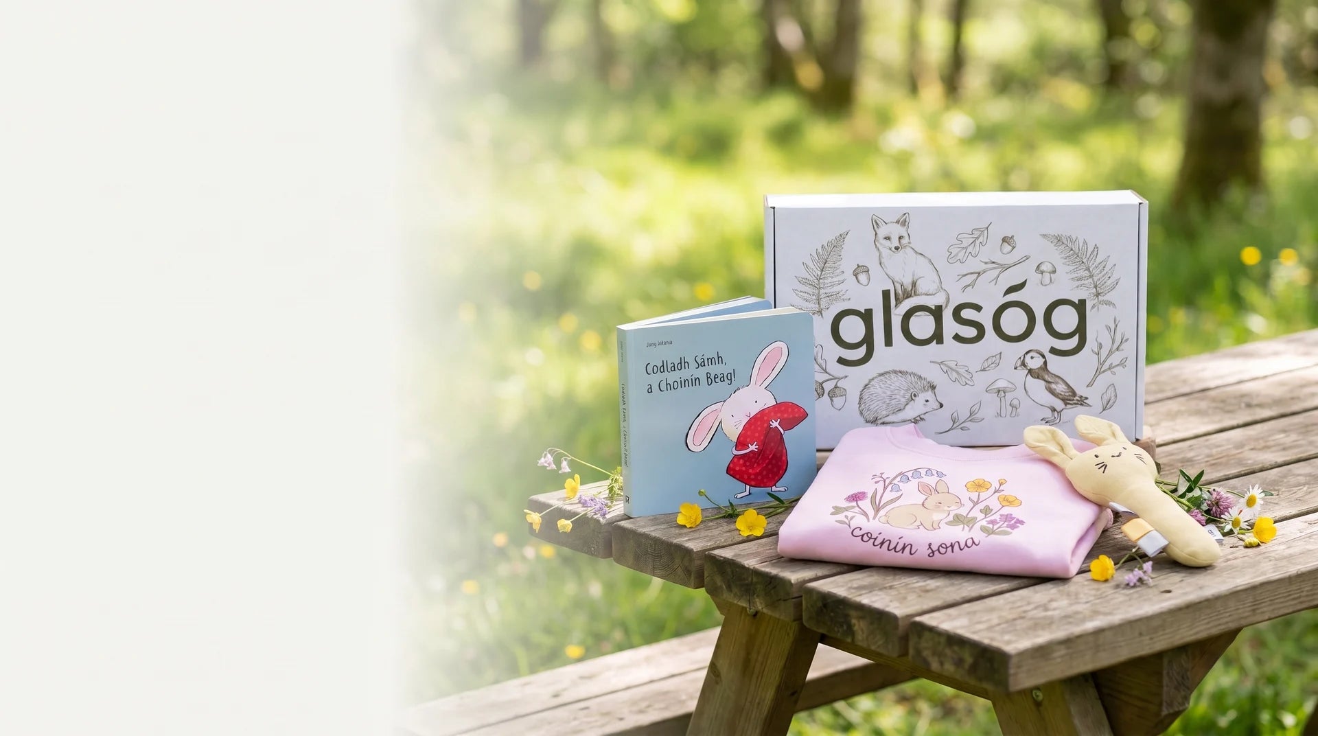 Glasóg baby gift box with an Irish-language board book, coinín sona sweatshirt and bunny rattle on a picnic table