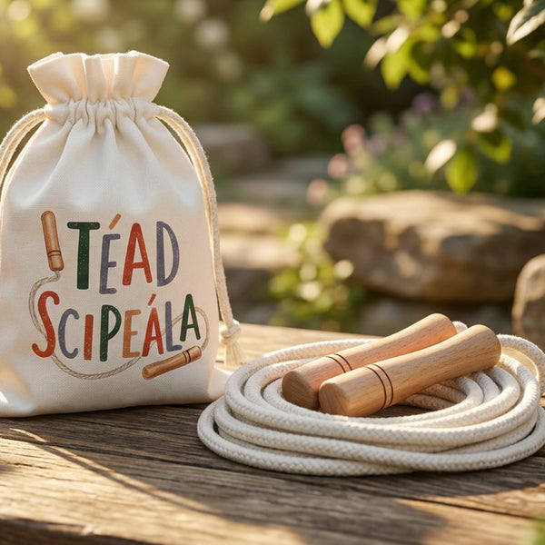 Téad Scipeála cotton bag beside a coiled skipping rope with wooden handles on a garden bench