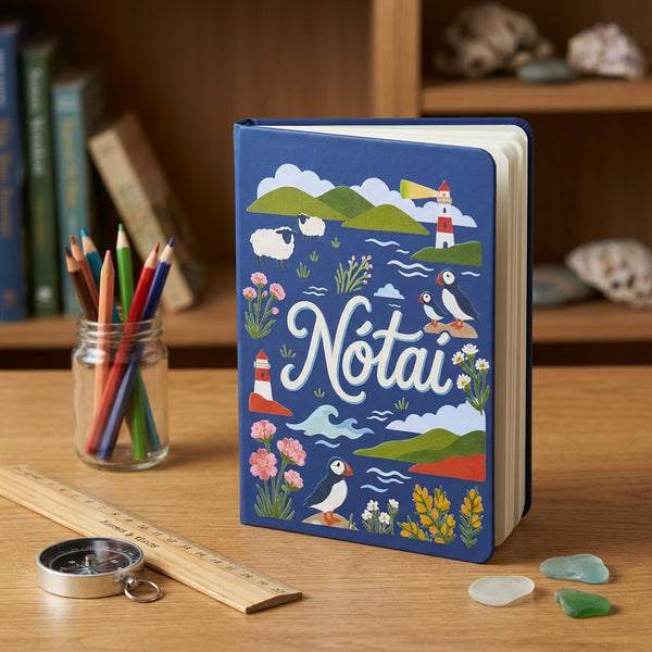 Navy Nótaí A5 notebook on a desk with colouring pencils, a compass and sea glass