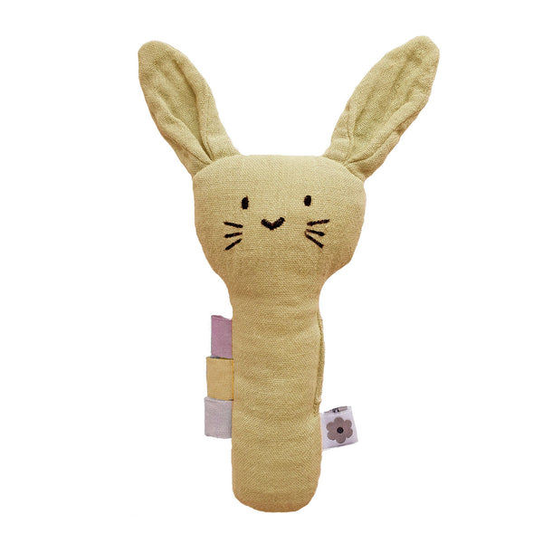 Summerville Organics yellow muslin rabbit baby rattle