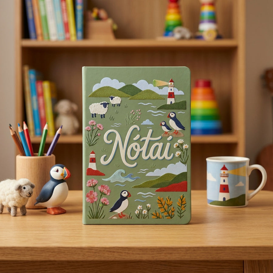 Sage green Nótaí notebook on a child’s desk with colouring pencils and picture books