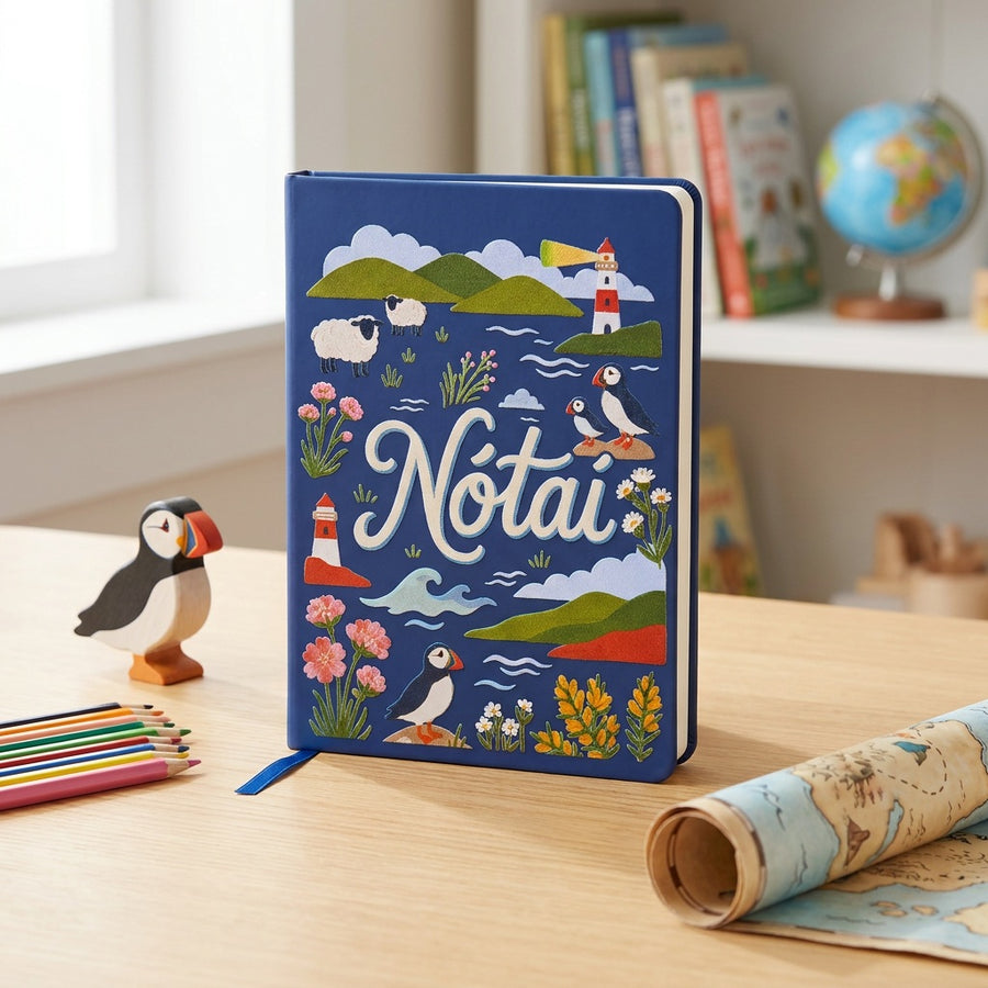 Navy Nótaí notebook on a child’s desk beside a wooden puffin and a rolled map