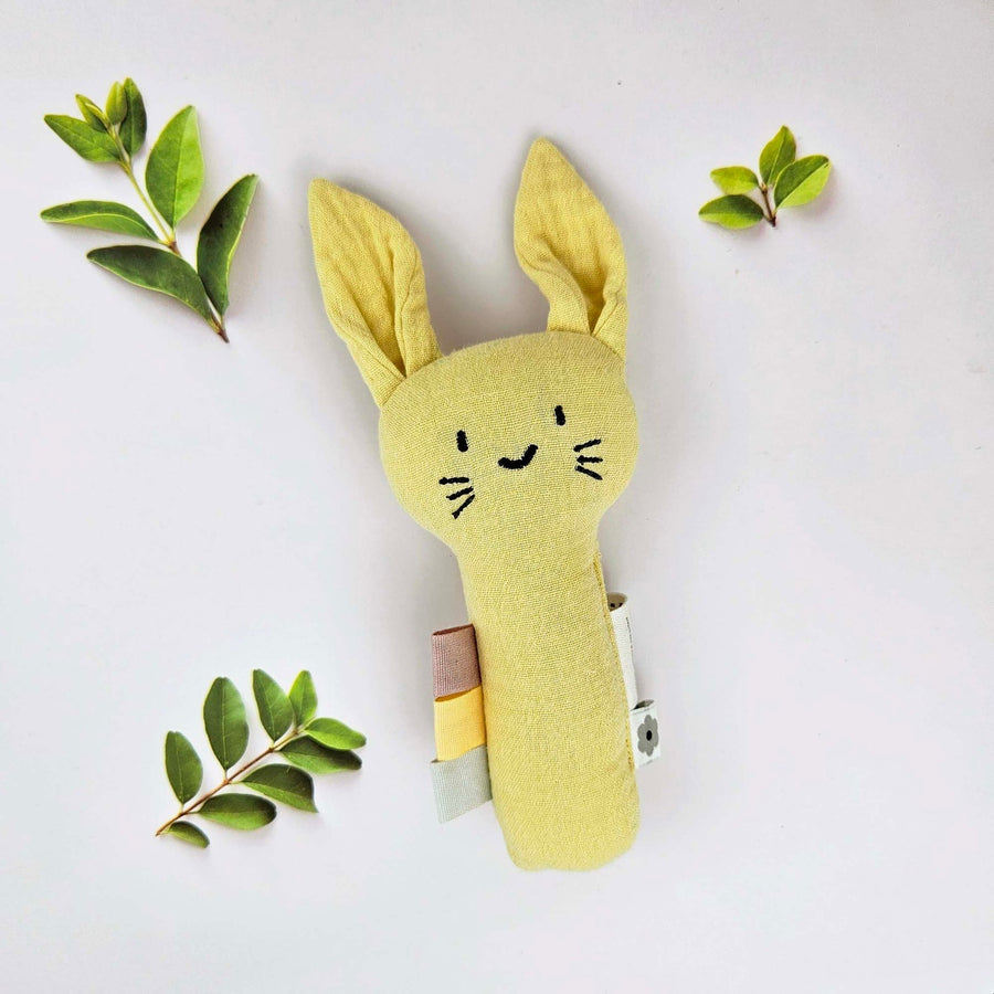 Summerville Organics yellow muslin rabbit baby rattle 3