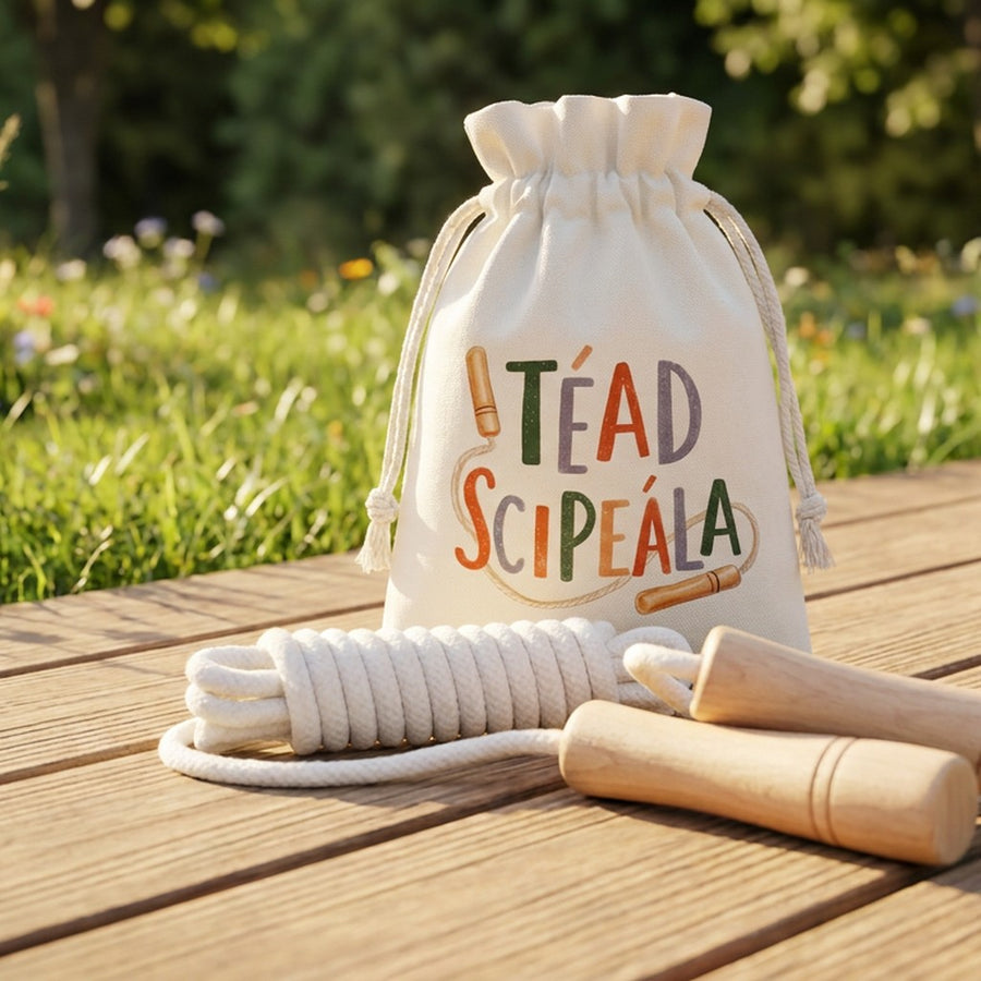Téad Scipeála bag standing on garden decking with the skipping rope coiled in front