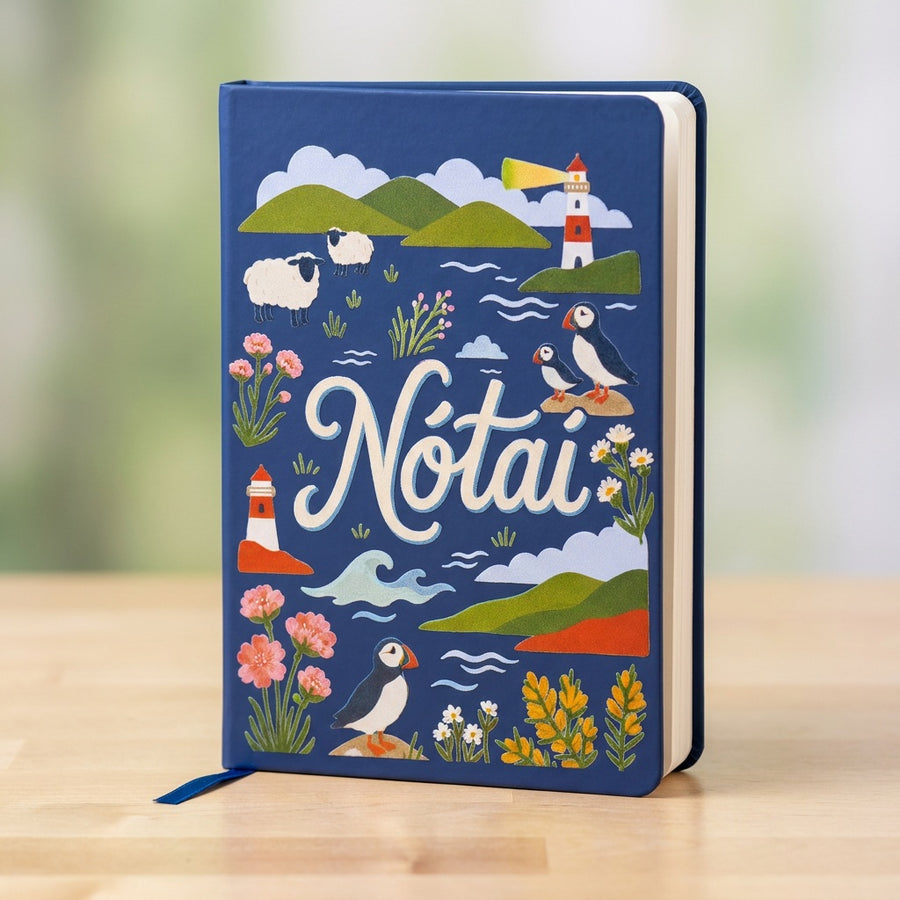 Navy Nótaí A5 hardback notebook standing upright, full cover design visible