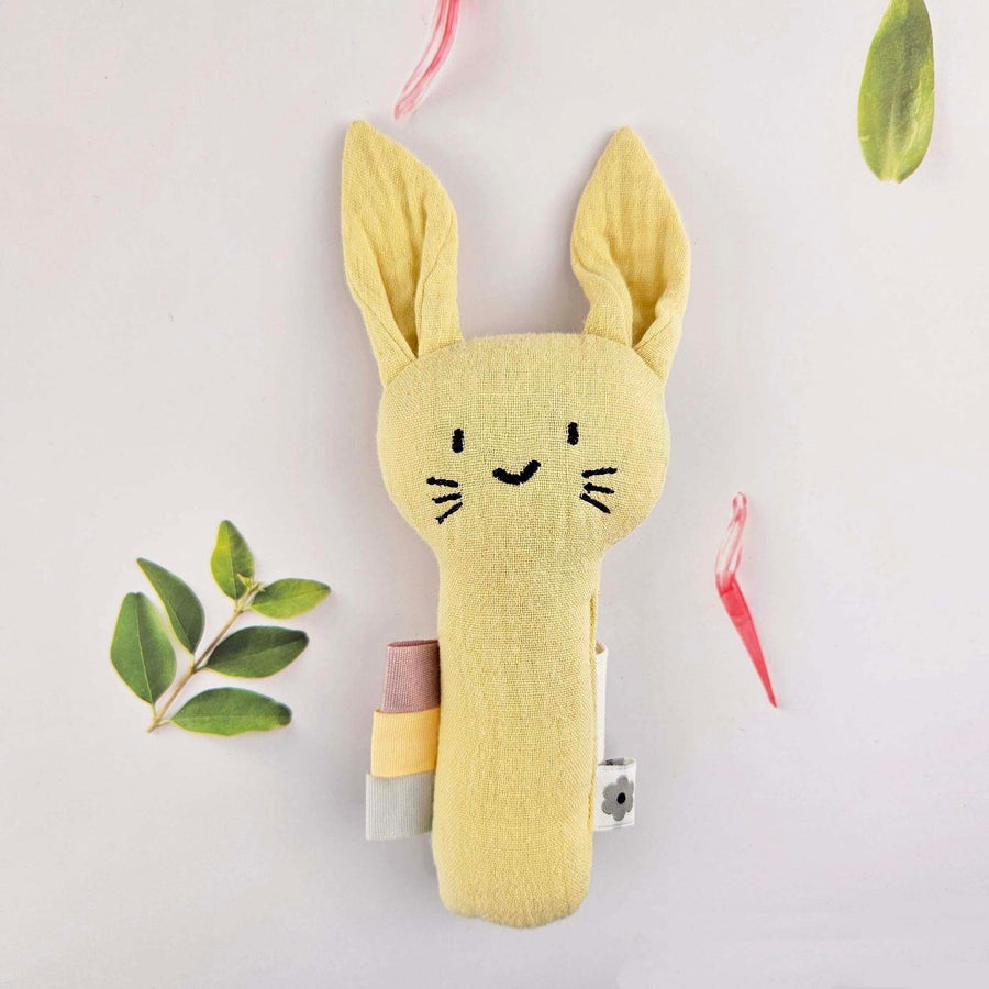 Summerville Organics yellow muslin rabbit baby rattle 4