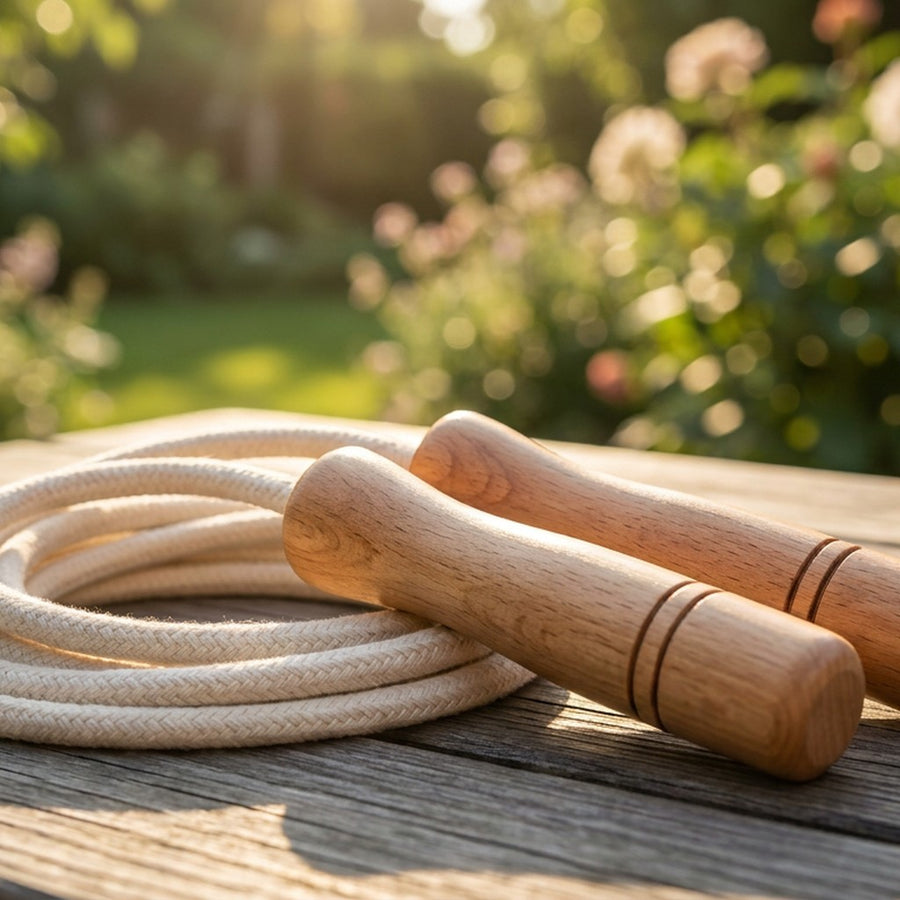 Close-up of the turned wooden handles and braided cotton skipping rope