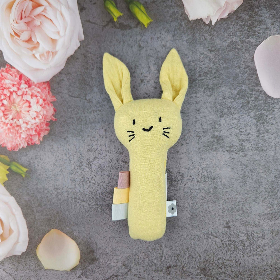 Summerville Organics yellow muslin rabbit baby rattle 5
