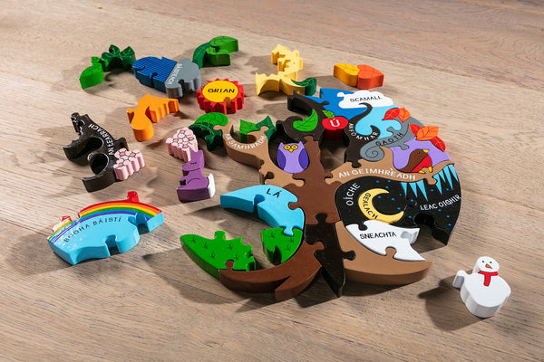 Angled view of the round Seasons Irish-language wooden jigsaw