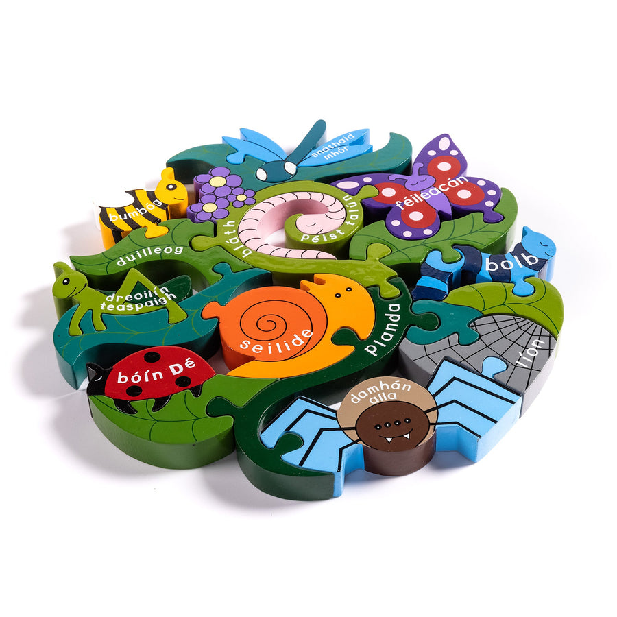 Angled view of the Creepy Crawlies wooden jigsaw puzzle