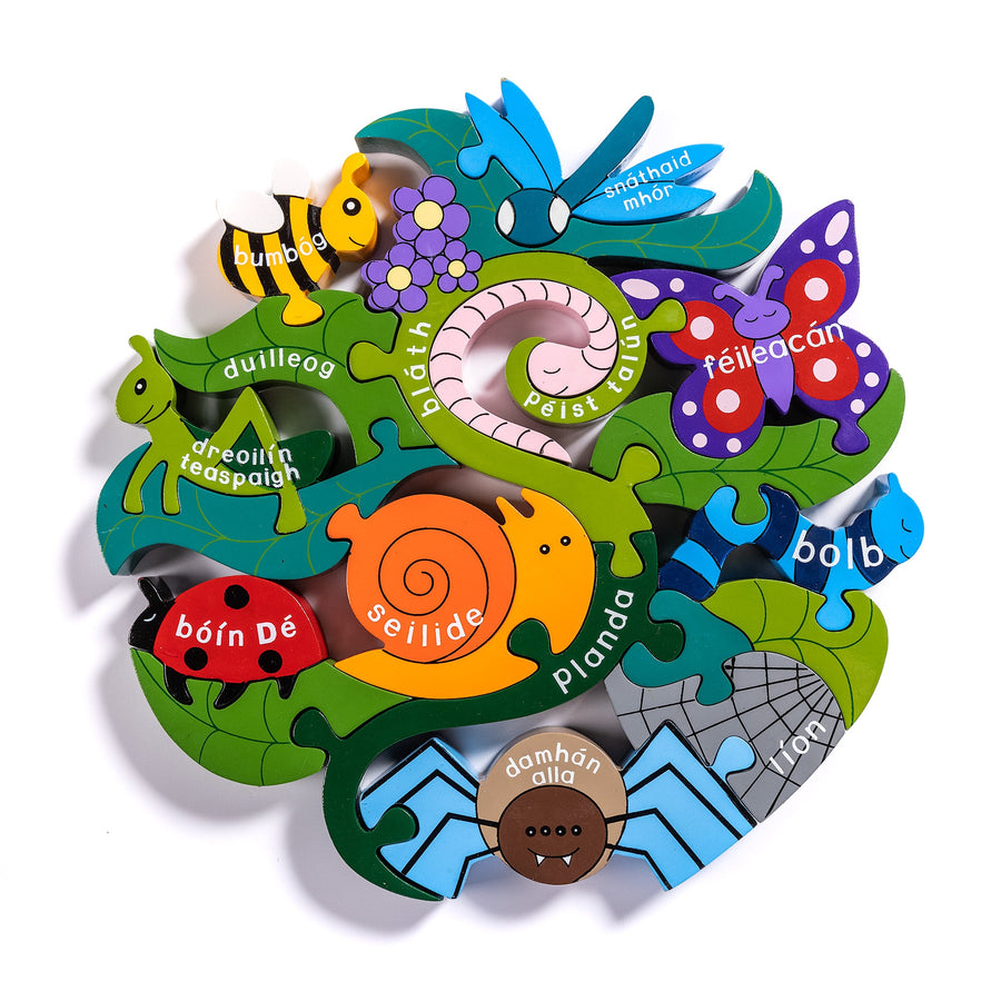 Creepy Crawlies wooden jigsaw puzzle with garden minibeasts named as Gaeilge