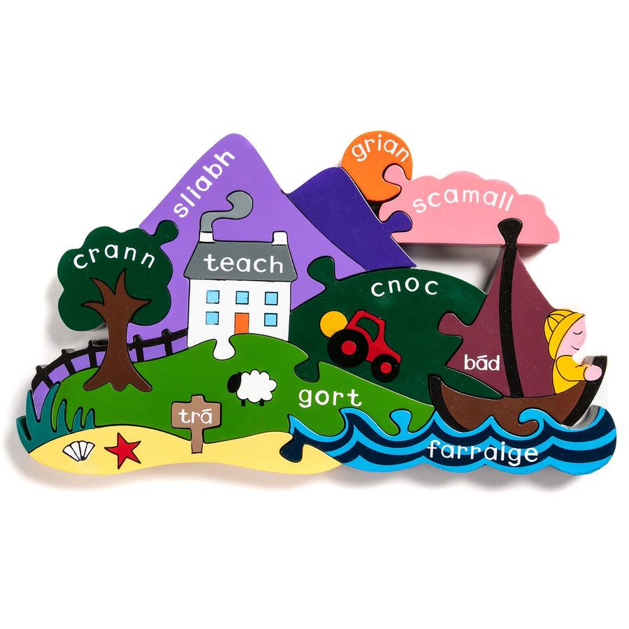 Irish Scene wooden jigsaw puzzle of the countryside and coast named as Gaeilge