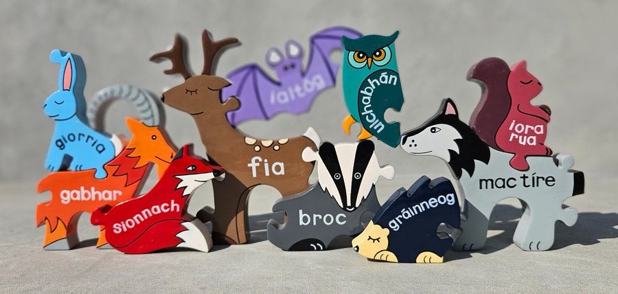 Irish Wildlife jigsaw pieces standing up as individual animal toys