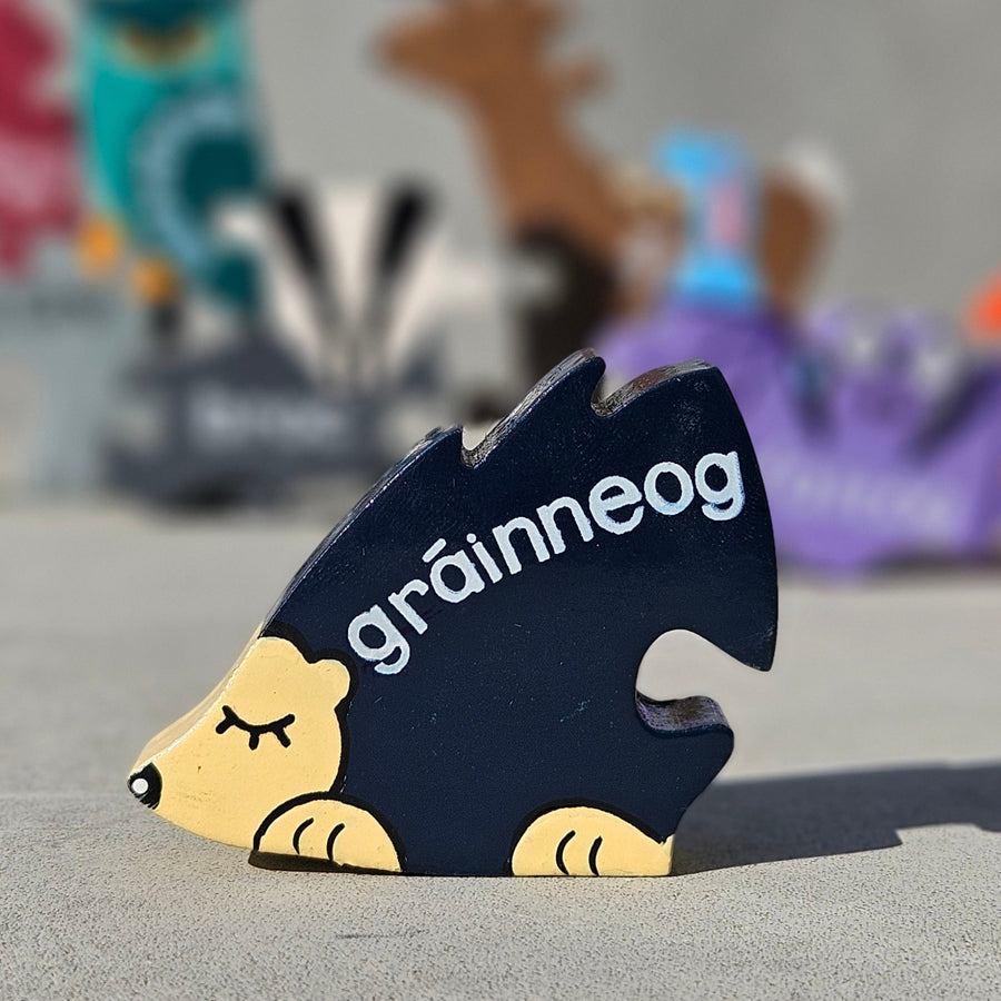 Close-up of the Irish Wildlife jigsaw showing Irish animal names painted on each piece