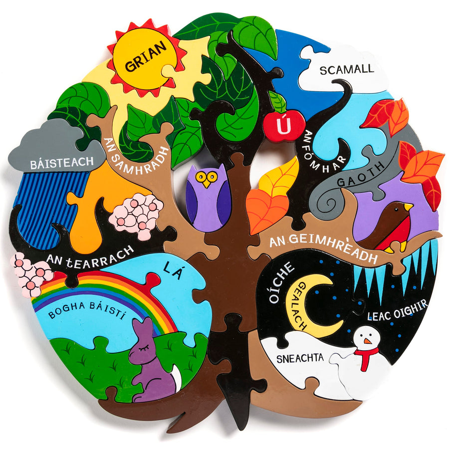 Round Seasons wooden jigsaw puzzle with the four seasons named as Gaeilge