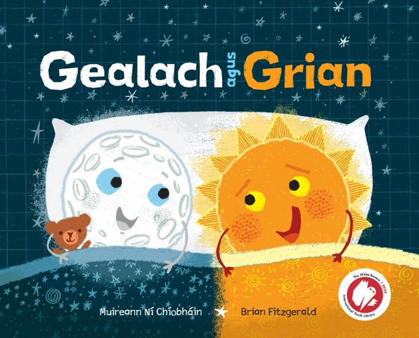 Gealach agus Grian Picture Book cover, Irish language children's book by Muireann Ní Chíobháin