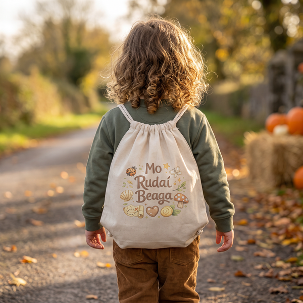 Mo Rudaí Beaga drawstring bag worn as a backpack on a country lane