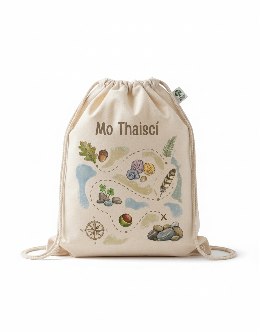 Mo Thaiscí drawstring bag, organic cotton, treasure map design, white background