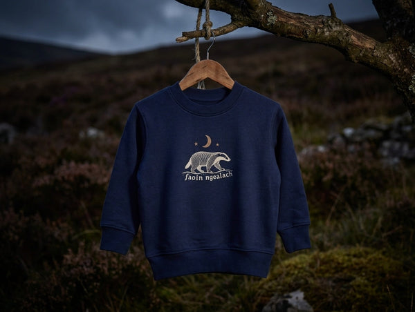 navy sweatshirt with Faoin nGealach design