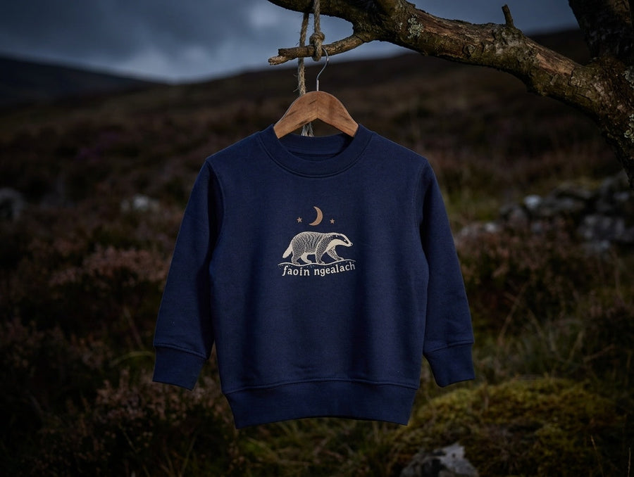 navy sweatshirt with Faoin nGealach design