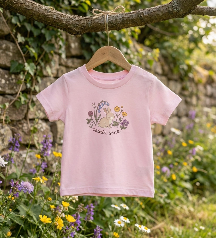 pink t-shirt with rabbit-floral design