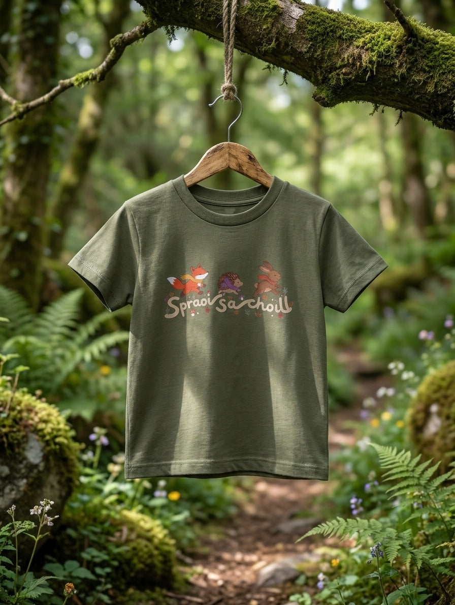 Olive kids t-shirt with Spraoi sa Choill forest design, hanger outdoor