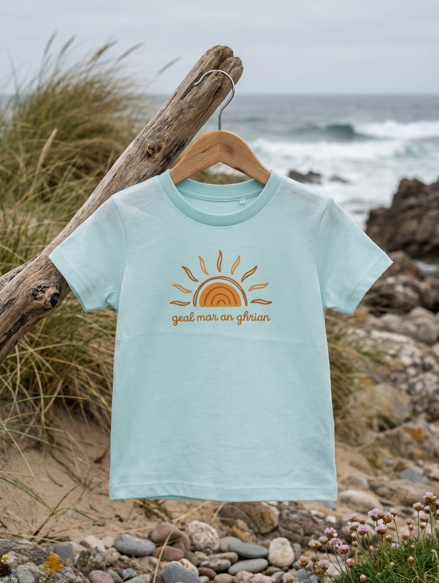blue t-shirt with sun design