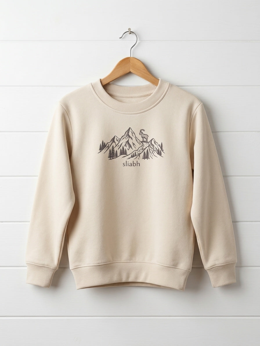 beige kids sweatshirt with mountain design hanging on wooden shiplap wall