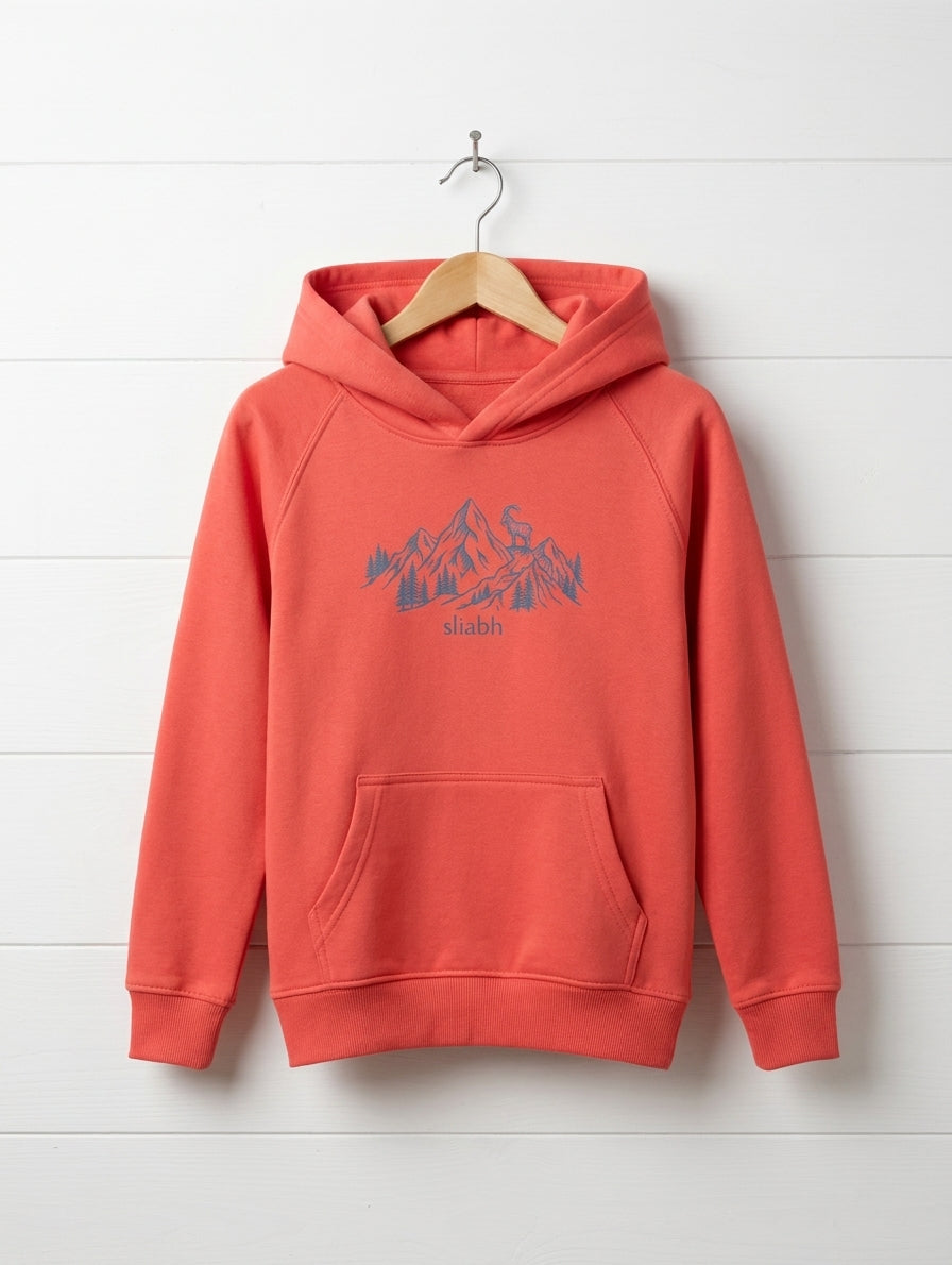 orange kids hoodie with mountain design hanging on wooden shiplap wall