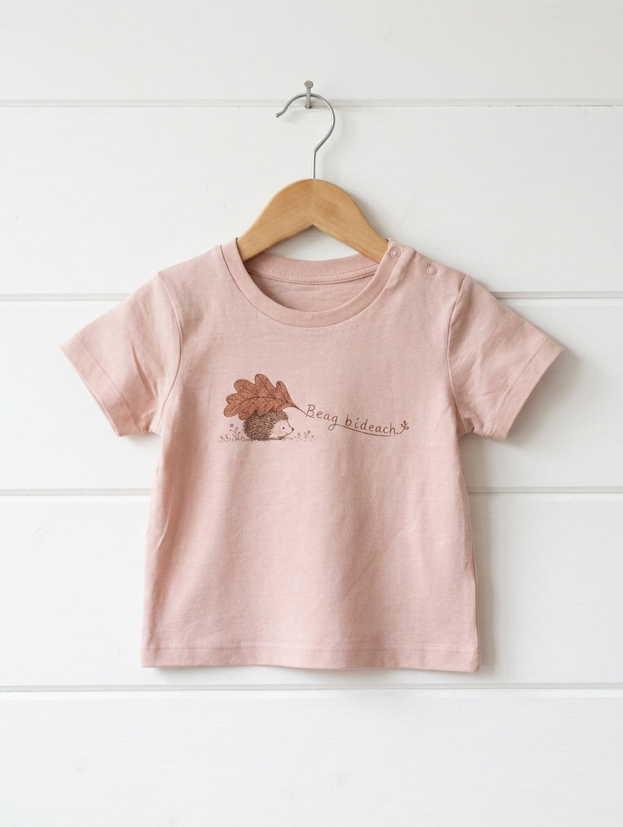 peach kids t-shirt with beagbideach design hanging on wooden shiplap wall