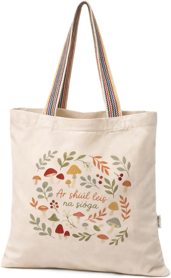 Ar Shiúl Leis Na Síoga Tote Bag - Irish language recycled cotton tote bag with rainbow handles