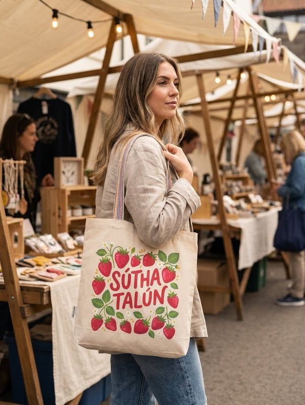 Sútha Talún Tote Bag - Irish language recycled cotton tote bag with rainbow handles