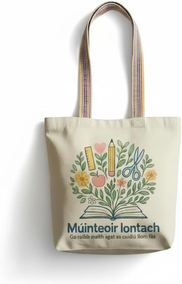 Muinteoir Iontach Tote Bag - Irish language recycled cotton tote bag with rainbow handles