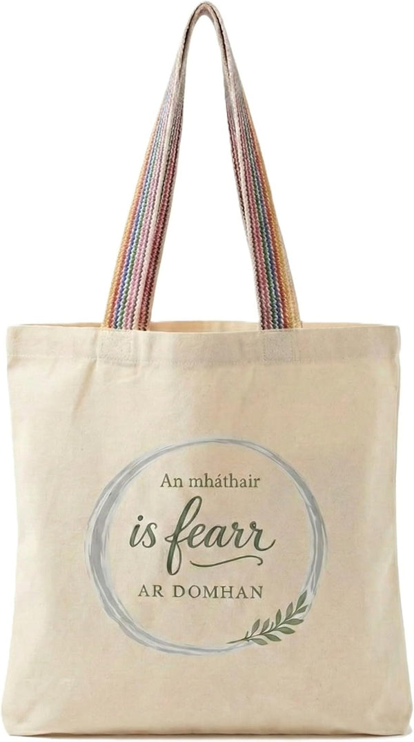 An Mháthair Is Fearr ar Domhan Tote Bag - Irish language recycled cotton tote bag with rainbow handles