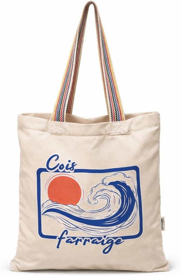 Cois Farraige Tote Bag - Irish language recycled cotton tote bag with rainbow handles