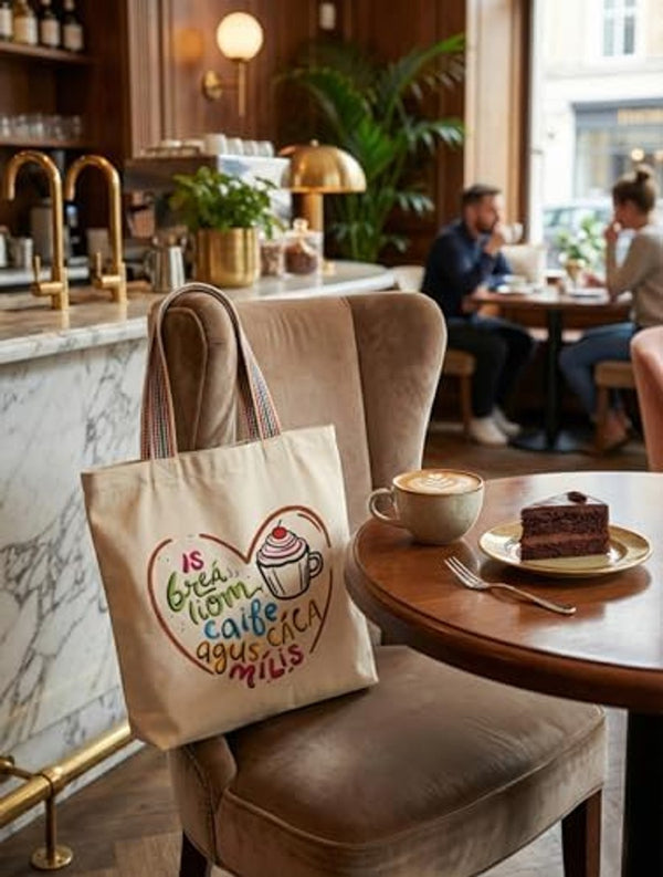 Is Breá Liom Caife agus Cáca Milis Tote Bag - recycled cotton tote bag, designed and printed in Ireland