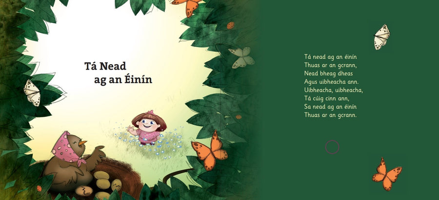Gugalaí Gug sound book interior spread, Tá Nead ag an Éinín rhyme with press-button