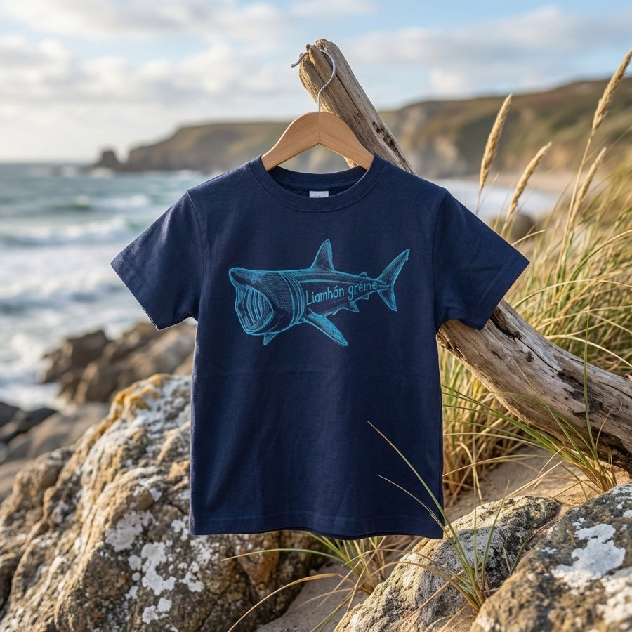 Blue Liamhán Gréine kids t-shirt hanging on a wooden hanger by the Irish coast