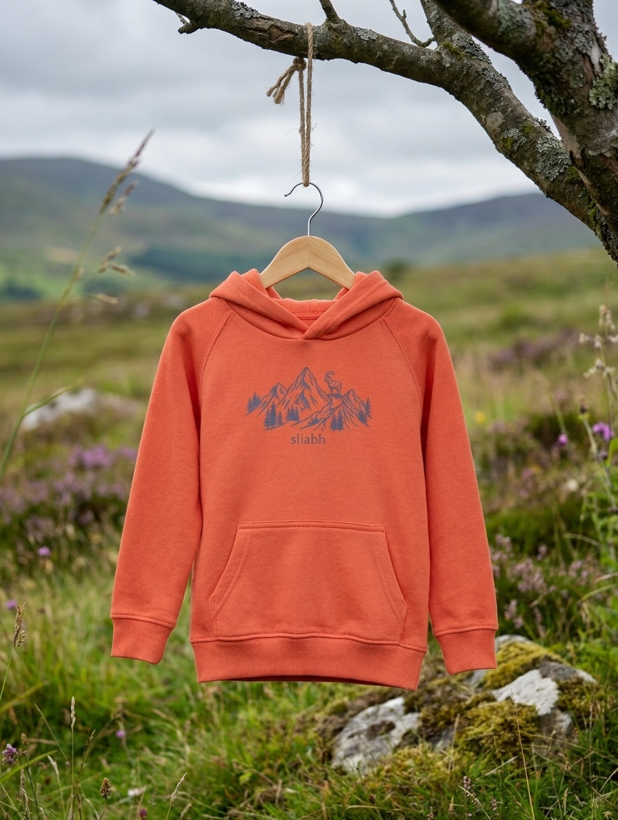 orange Sliabh kids hoodie hanging on a wooden hanger on an Irish mountainside